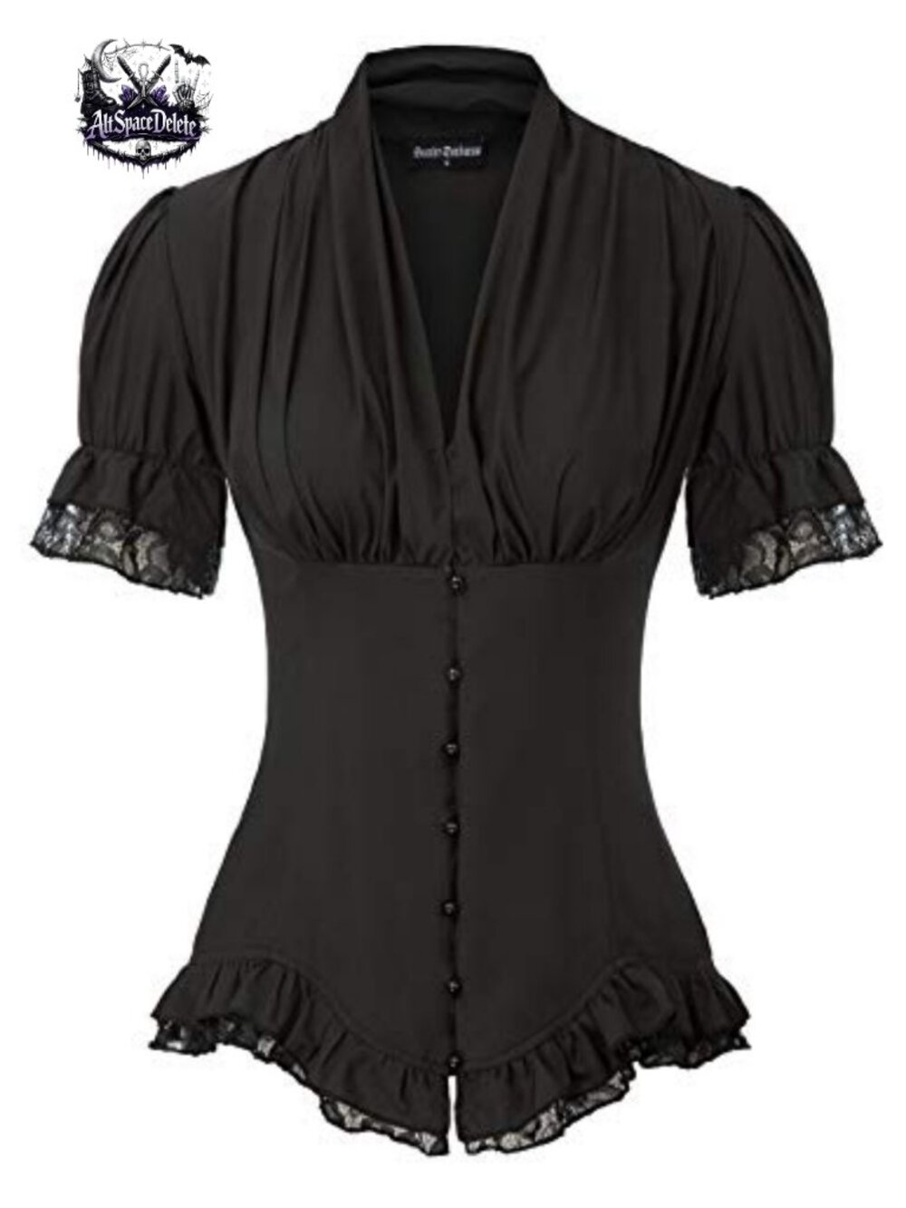Victorian Blouse Short Puff Sleeve Button Down Lace Up Work Top